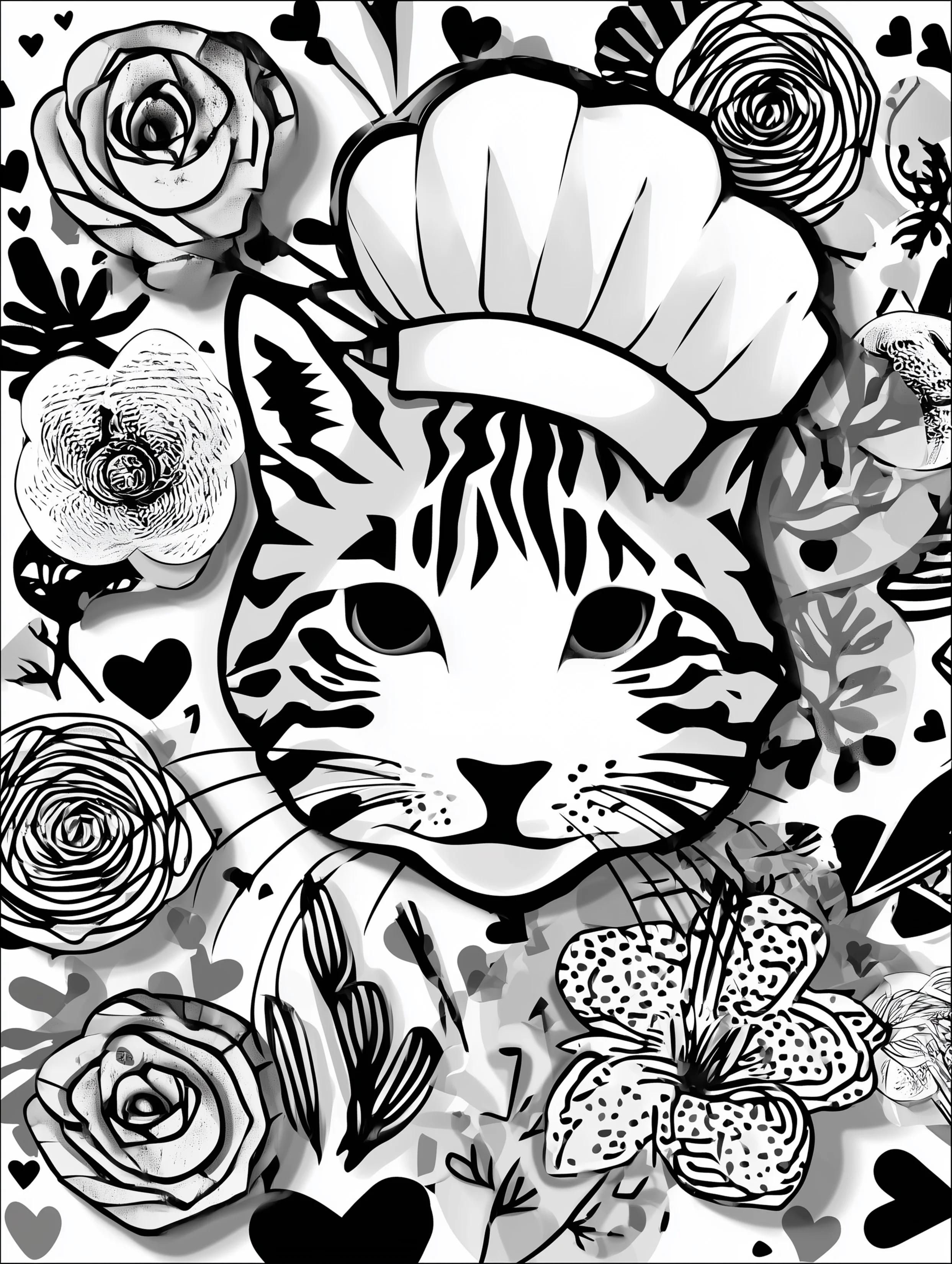 Free printable cats coloring page featuring a cat dressed as a chef